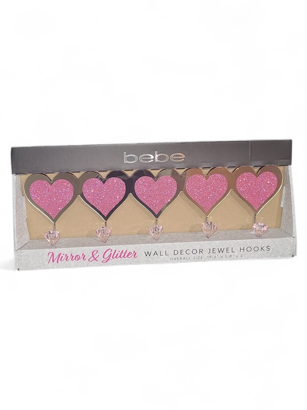 bebe Pink Mirror & Glitter Heart Wall Decor Jewel Hooks